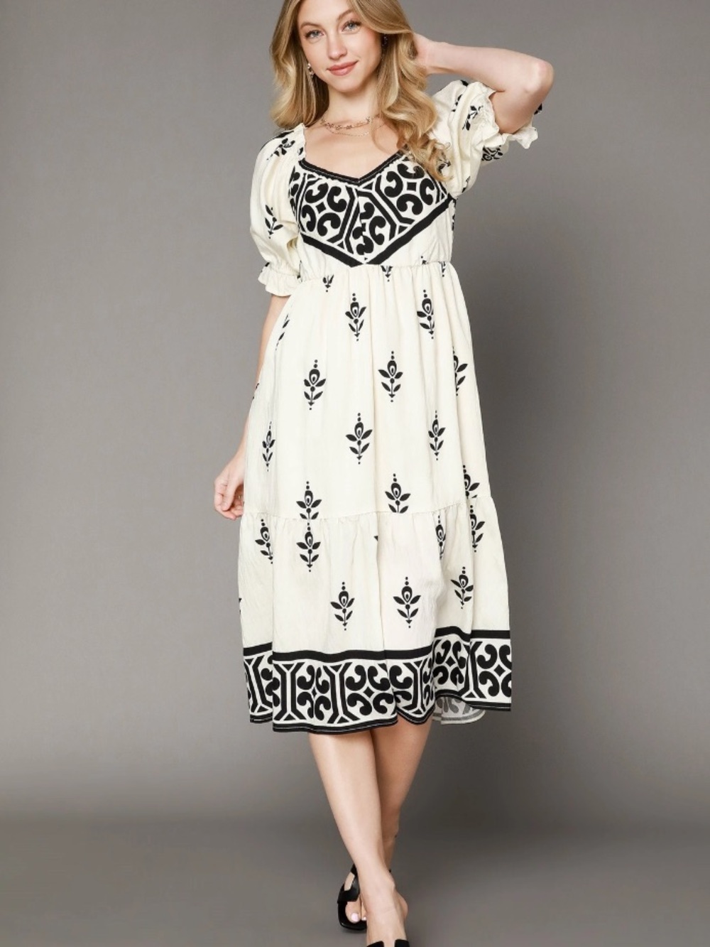 Umgee Cream & Black Boho Midi Fall Dress | NWT